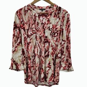 Ava & Grace Womens L Burgundy Abstract Long Sleeve‎ Button Front Blouse